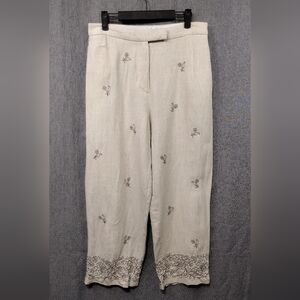 Jillian Jones 100% Linen Embroidered Floral Cropped Pants Womens 10 Beige Retro